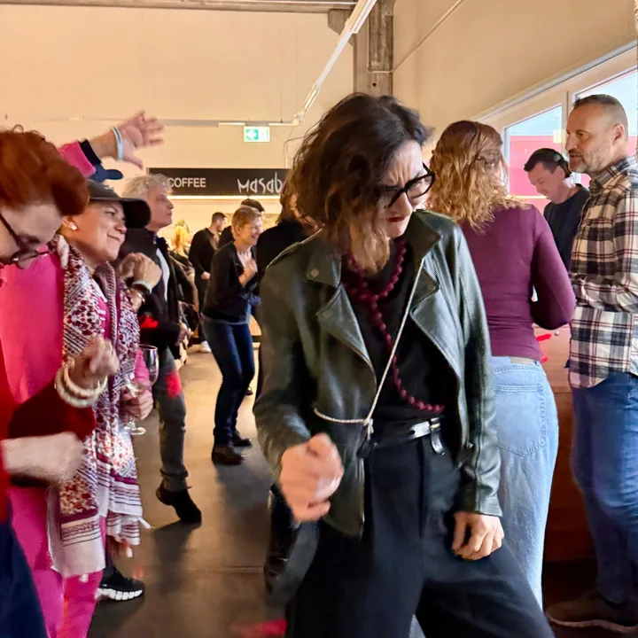 Dancing in a leather jacket at Masaba
